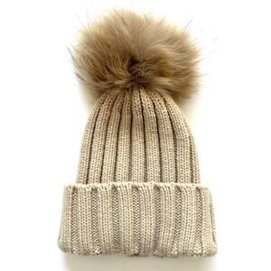 Fur Pom Pom Beanie Knit Hat Coffee/Beige‎ Winter Accessories